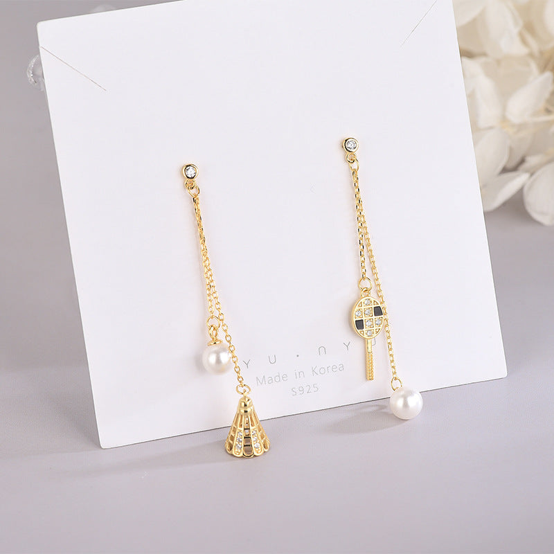 Wind diamond badminton asymmetrical tassel earrings